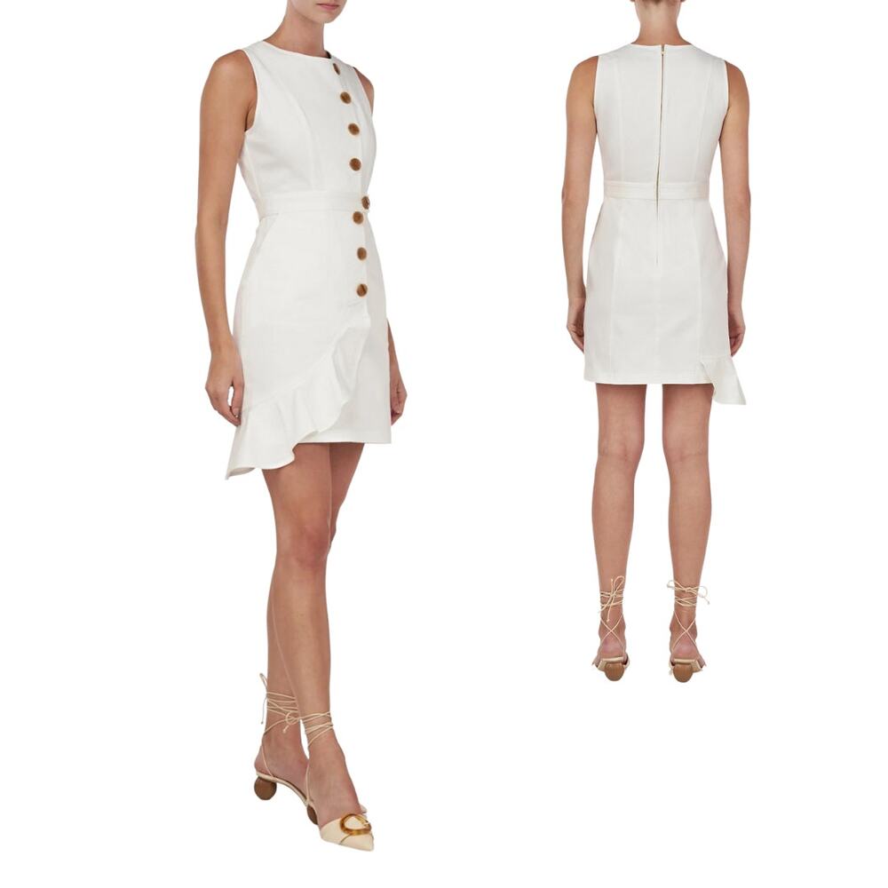 AMUR White Sleeveless Ruffle Front Button Mini Dress - Picture 2 of 14